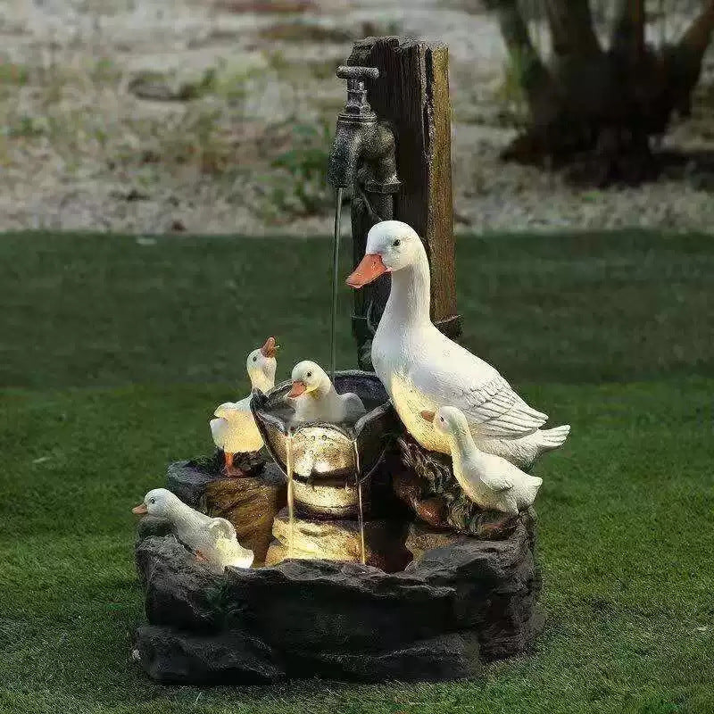 Solar resin duck garden fountain with LED squirrel design, outdoor decor (E2).