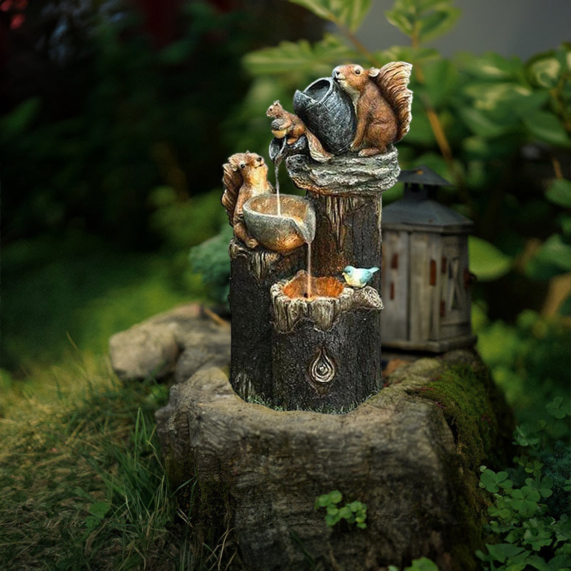 Solar resin duck garden fountain with LED squirrel design, outdoor decor (E2).