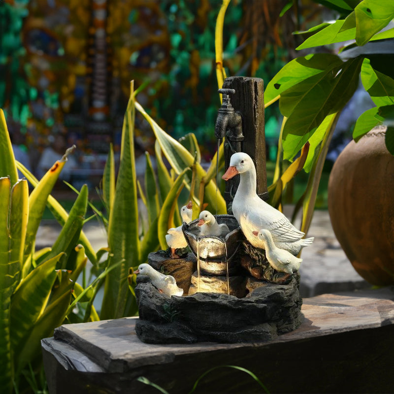 Solar resin duck garden fountain with LED squirrel design, outdoor decor (E2).