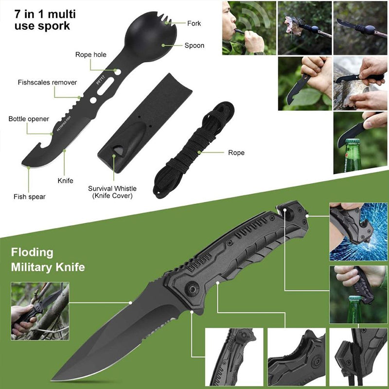 Military-grade outdoor travel survival kit with mini camping tools, emergency bracelet, whistle, blanket and knife.