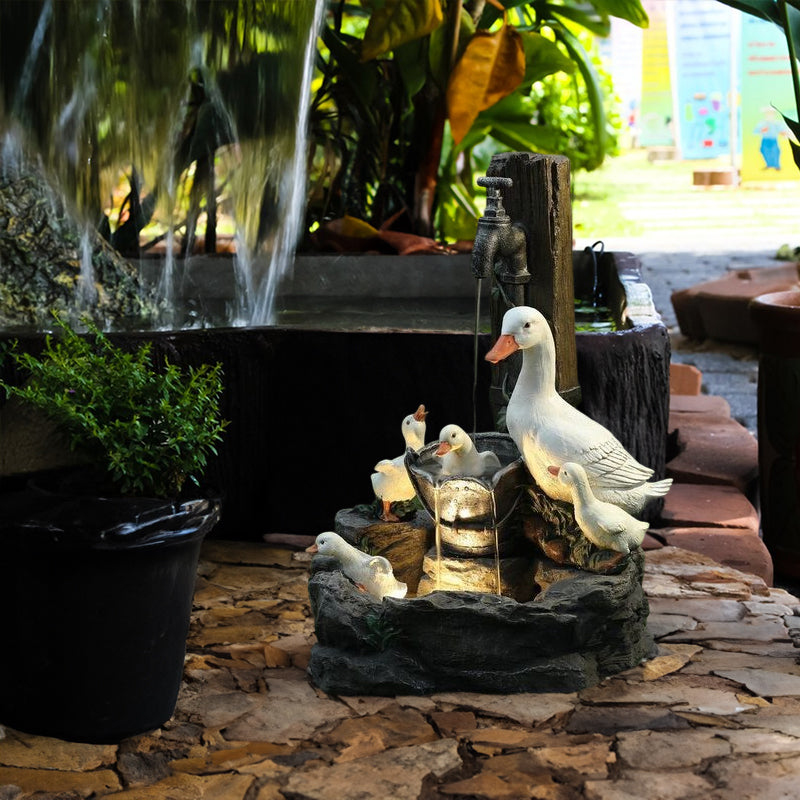 Solar resin duck garden fountain with LED squirrel design, outdoor decor (E2).